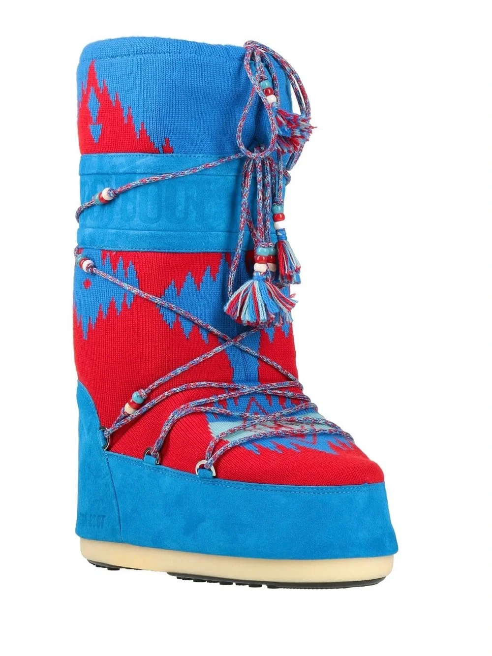 Alanui x Moon Boot Blue & Red Aztec Knit Lace-Up Winter Boot